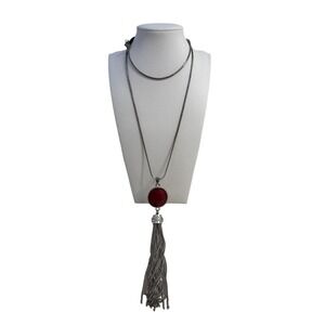 Jules B Silver Tone Red Stone Tassel Pendant Necklace Fashion Jewelry